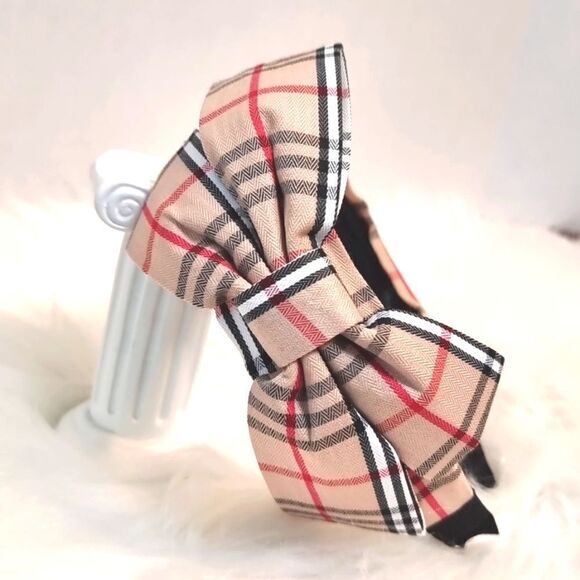 PLAID SIDE BOW HEADBAND Khaki black white red fabric - Picture 1 of 6